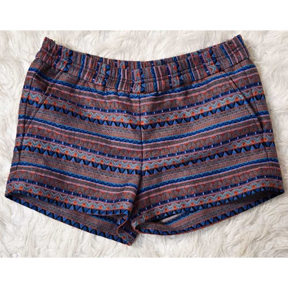 J Crew Geometric Woven Shorts Boho Red Blue Elastic Waist Pockets